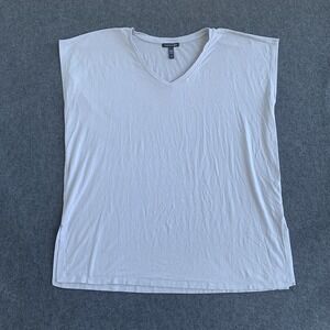 Eileen Fisher Shirt Womens Medium Gray Boxy Minimal Casual V Neck Relaxed Tencel